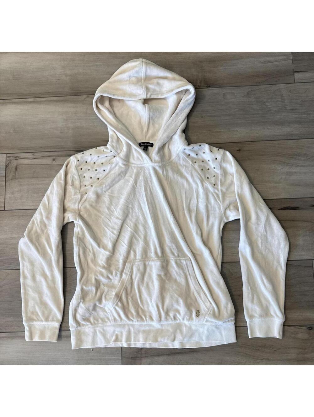Juicy Couture White Velour Gold Stud Shoulder Hoodie Size L